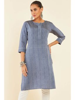 Soch - Blue Muslin Straight Ditsy Chevron Printed Kurta With Gota Patti