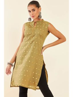 Soch - Olive Chanderi Sleeveless Kurta With Zari Woven Buttas And Embroidery