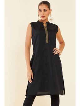 Soch - Black Chanderi Sleeveless Kurta With Zari Woven Buttas And Embroidery