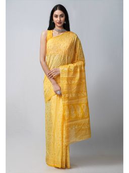 Unnati Silks - Yellow Pure Block Printed Mulmul Cotton Saree with Unstitched Blouse