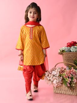 SAKA DESIGNS - Girls Mustard & Red Floral Printed Kurta Dhoti with Dupatta (Set of 3)