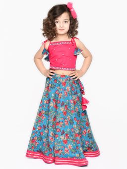 SAKA DESIGNS - Pink Floral Printed Cotton Lehenga with Thread Work Choli (Set of 2)