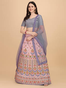 Amrutam Fab - Womens Satin Silk Light Grey Embroidery Work Lehenga Choli (Set of 3)