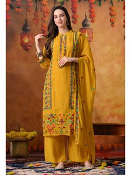 SYRISH - Yellow Chanderi Silk Embroidered Kurta with Palazzo and Dupatta