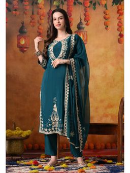 SYRISH - Teal Banarasi Silk Embroidered Kurta with Pant and Dupatta