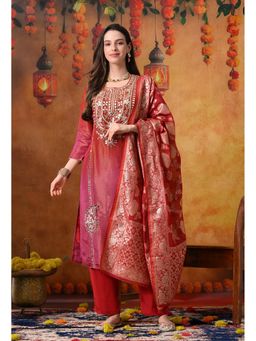 SYRISH - Orange Tissue Embroidered Kurta with Pant and Dupatta