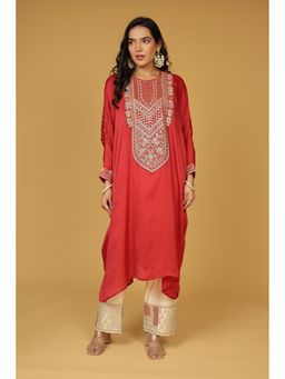 Zari Jaipur - Red Silk Embroidered Kaftan Kurta with Pant