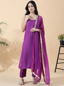 SHOWOFF - Purple Cotton Blend Embellished Kurta with Trouser and Dupatta