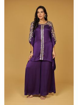 Zari Jaipur - Purple Silk Embroidered Kaftan Kurta with Palazzo