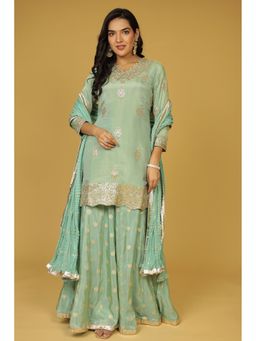 Zari Jaipur - Green Tissue Embroidered Kurta with Palazzo and Dupatta