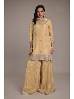 Zari Jaipur - Cream Tissue Embroidered Kurta with Palazzo and Dupatta