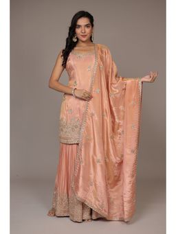 Zari Jaipur - Peach Silk Embroidered Kurta with Sharara and Dupatta