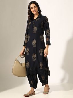 SHOWOFF - Navy Blue Cotton Blend Embroidered Kurta with Salwar