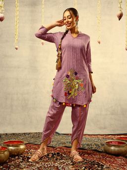 ISHIN - Purple Cotton Embroidered Kurta with Dhoti