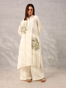 ISHIN - White Linen Blend Embroidered Kurta with Palazzo