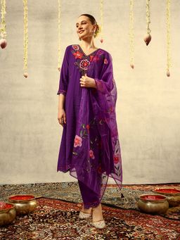 ISHIN - Purple Silk Blend Embroidered Kurta with Trouser and Dupatta