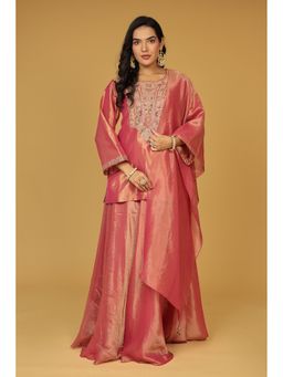 Zari Jaipur - Pink Tissue Embroidered Kurta with Skirt and Dupatta