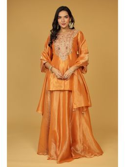 Zari Jaipur - Orange Tissue Embroidered Kurta with Skirt and Dupatta