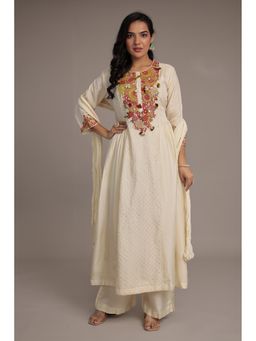 Zari Jaipur - Cream Silk Blend Embroidered Kurta with Palazzo and Dupatta