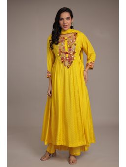 Zari Jaipur - Yellow Silk Blend Embroidered Kurta with Palazzo and Dupatta