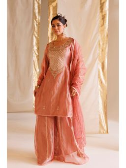 Zari Jaipur - Pink Tissue Embroidered Kurta with Palazzo and Dupatta