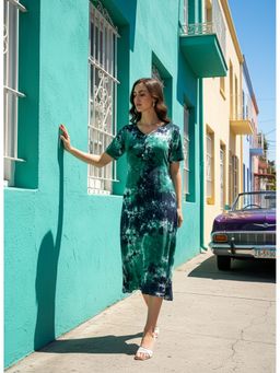 Maaesa - Rayon V-Neck Tie and Dye A-Line Dress