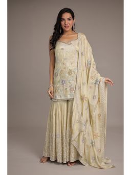 Zari Jaipur - Cream Tissue Embroidered Kurta with Sharara and Dupatta