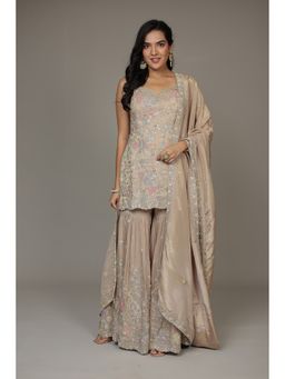 Zari Jaipur - Brown Silk Blend Embroidered Kurta with Sharara and Dupatta