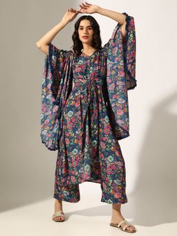 SHOWOFFFF - Blue Cotton Blend Floral Kaftan Kurta with Pant