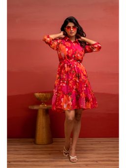 Juniper - Pink Man Made Fiber Fuchsia Floral Printed Short Dress