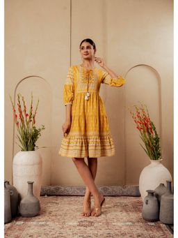 Juniper - Mustard Ethnic Motifs Viscose Tiered Short Dress
