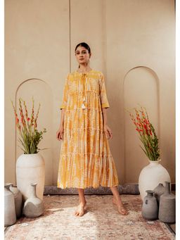 Juniper - Mustard Ethnic Motifs Printed Man Made Fiber Tiered Long Dress