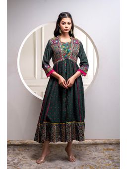 Juniper - Viscose Bottle Green Embroidered Long dress and Shrug Set