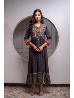 Juniper - Viscose Grey Embroidered Long dress and Shrug Set