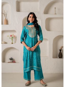 Juniper - Teal Viscose Embroidered Kurta with Pant and Dupatta