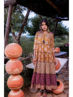 Juniper - Mustard Embroidered Anarkali Long Dress