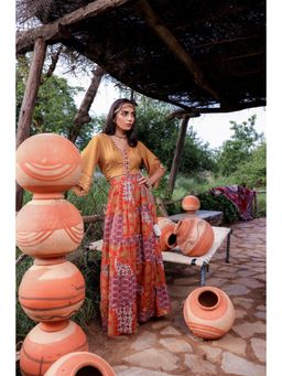 Juniper - Mustard Viscose Embroidered Top with Skirt