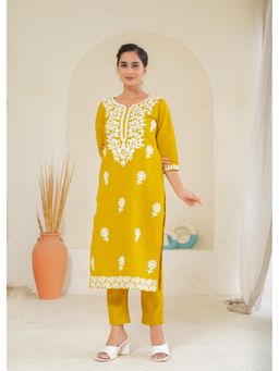 Juniper - Mustard Viscose Embroidered Kurta with Pant