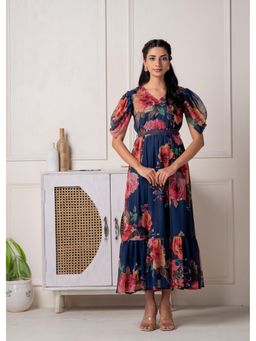 Juniper - Navy Blue Floral Printed Fit and Flare Maxi Dress