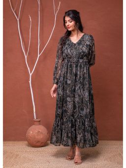 Juniper - Green Floral Printed with Sheer Sleeves and Beaded Waist Detailing Dress