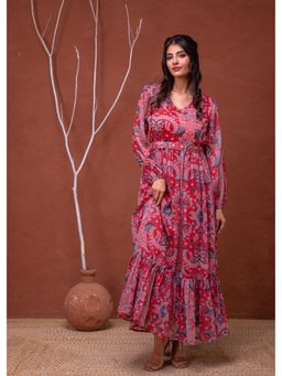 Juniper - Red Floral Printed with Sheer Sleeves and Beaded Waist Detailing Dress