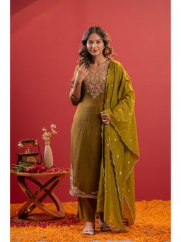 Juniper - Olive Viscose Embroidered Kurta with Pant and Dupatta