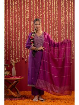 Juniper - Purple Viscose Embroidered Kurta with Pant and Dupatta