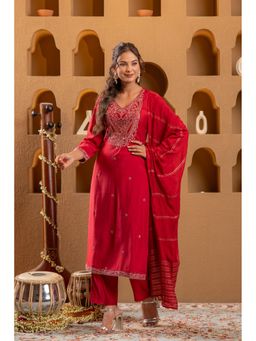 Juniper - Red Viscose Embroidered Kurta with Pant and Dupatta