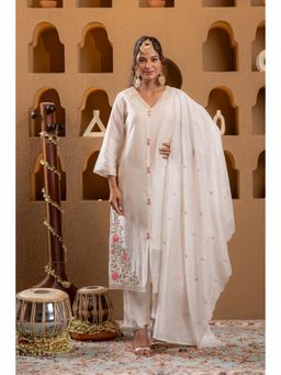 Juniper - Ivory Viscose Embroidered Kurta with Pant and Dupatta