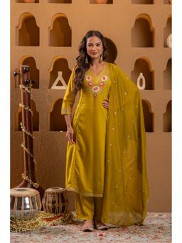 Juniper - Mustard Viscose Embroidered Kurta with Pant and Dupatta