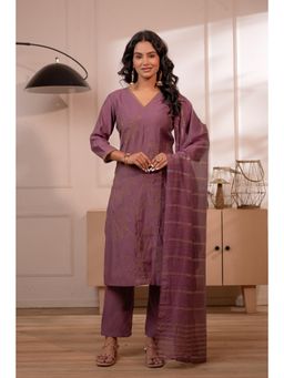 Juniper - Wine Viscose Embroidered Kurta with Pant and Dupatta