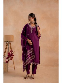 Juniper - Maroon Viscose Embroidered Kurta with Pant and Dupatta