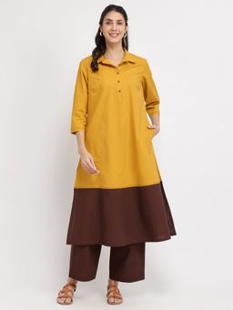 Pink Fort - Mustard Pure Cotton Colorblock Kurta with Trouser