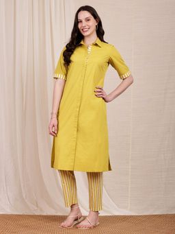 Pink Fort - Yellow Cotton Solid/Plain Kurta with Trouser